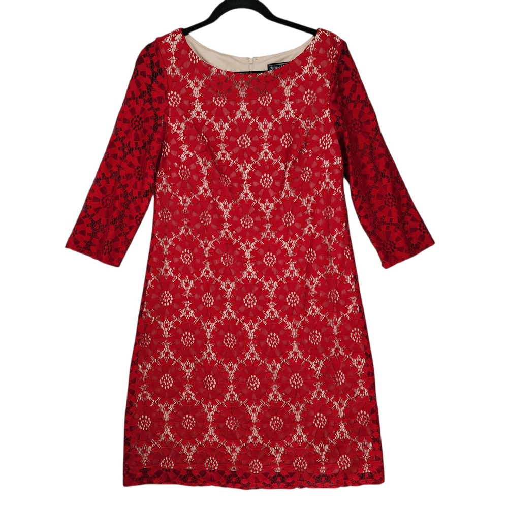 Jessica Howard Lace Sheath Dress sz 6 Red Floral 3/4 Sleeve Christmas Valentines